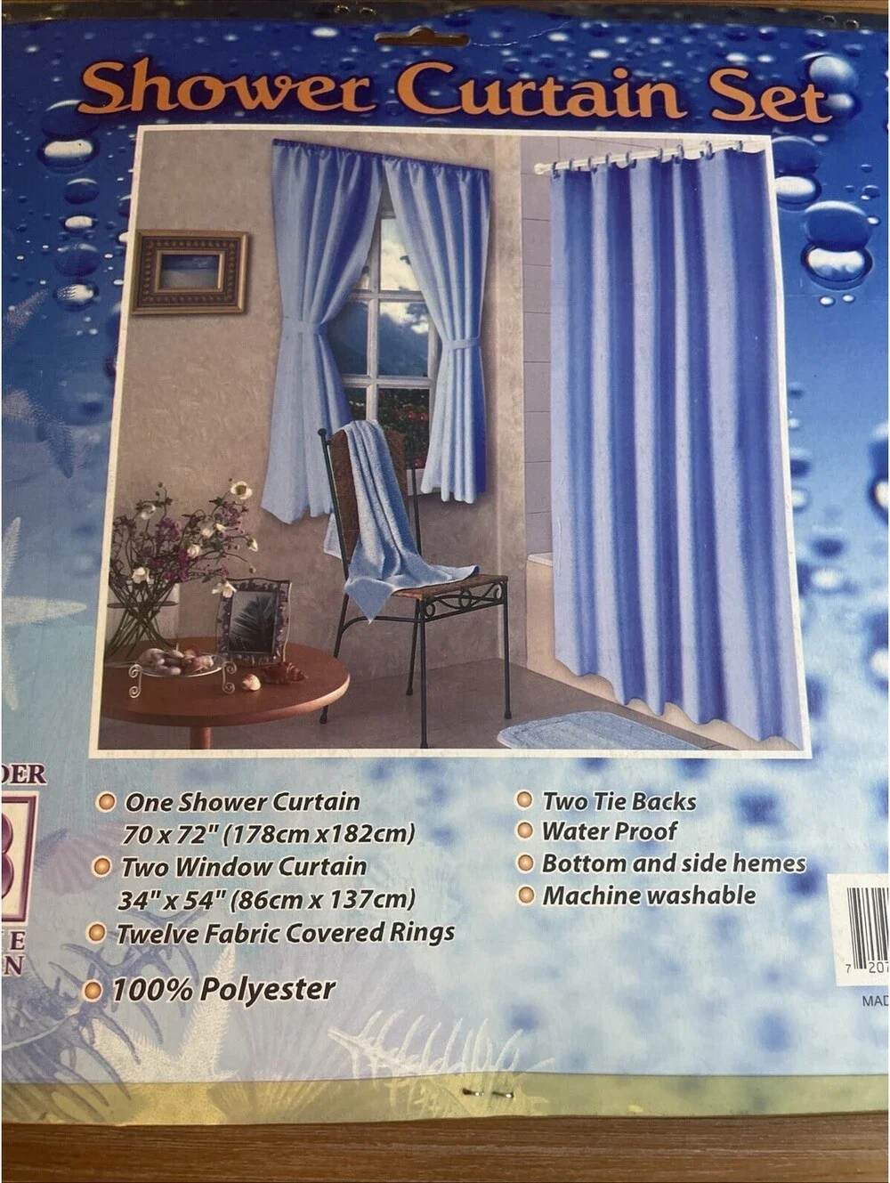 Fabric Shower Curtain Set w/ Hooks (70x72) & Twin Window Curtain (34x54) - Blue